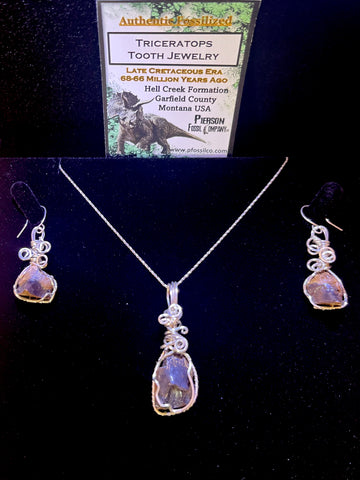 Triceratops Tooth Silver Wrapped Necklace and Earrings Set